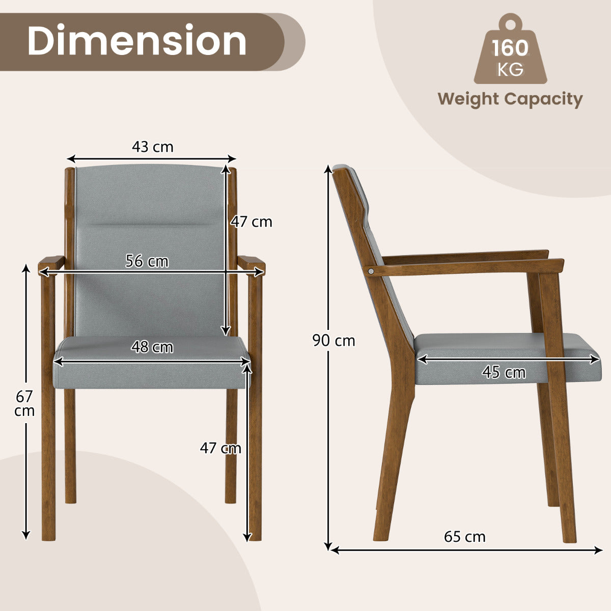 Mid-Century Modern Dining Chairs Set of 2 Upholstered Accent Chairs-Grey