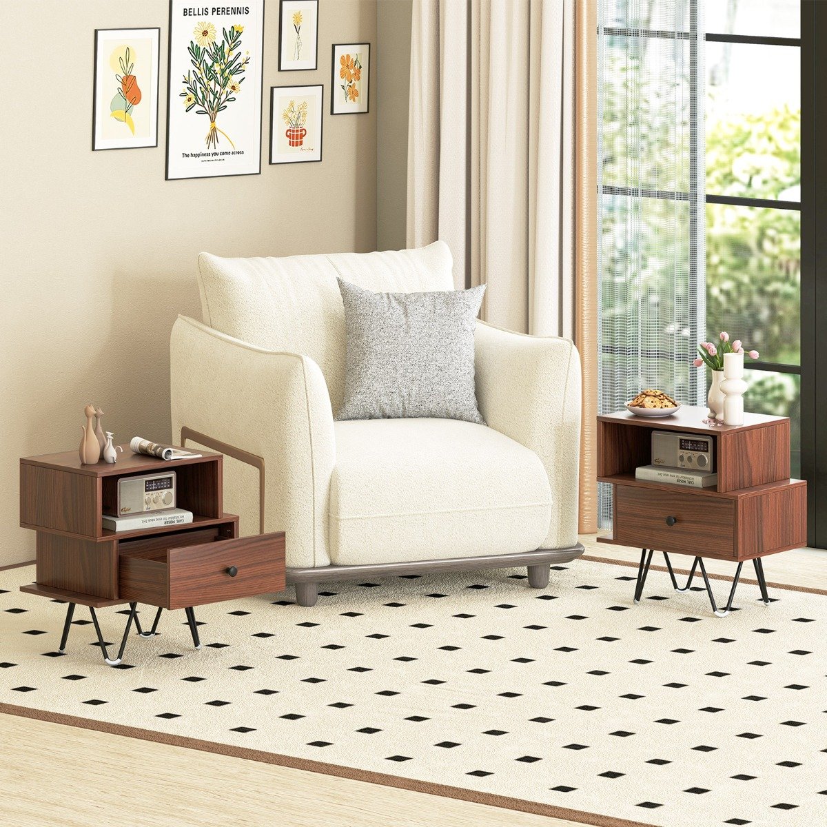 Mid Century Modern End Tables Set of 2 with Removable Drawer-Walnut