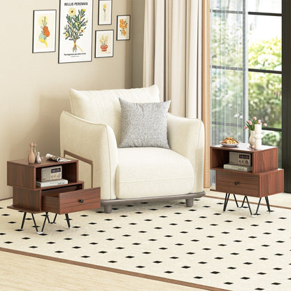 Mid Century Modern End Tables Set of 2 with Removable Drawer-Walnut