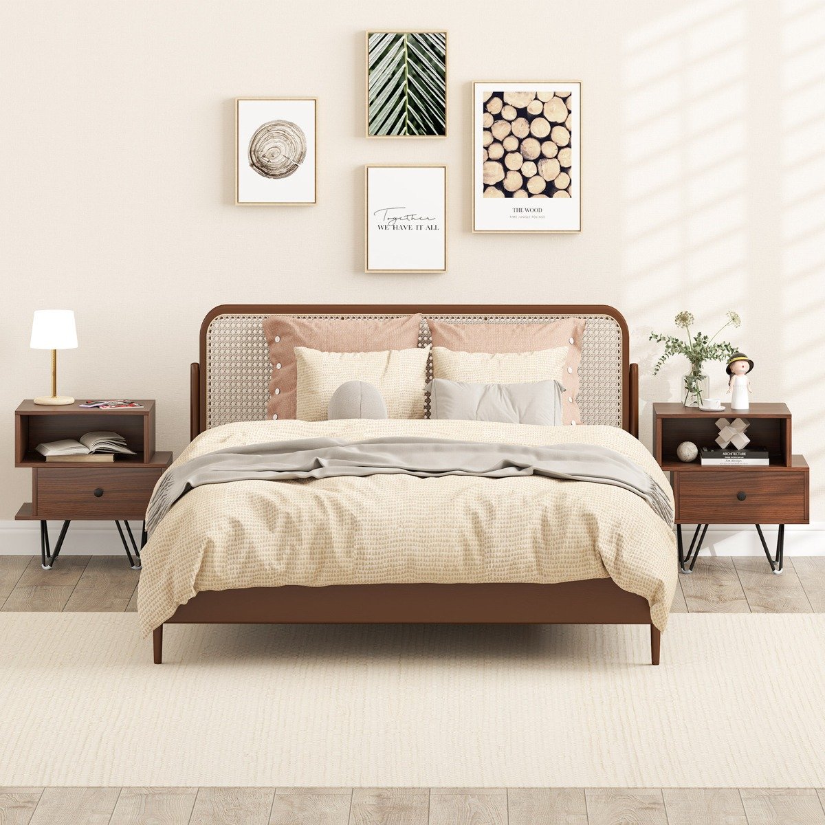 Mid Century Modern End Tables Set of 2 with Removable Drawer-Walnut