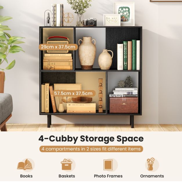 Open Shelf Bookcase with 4 Compartments for Living Room Bedroom-Black