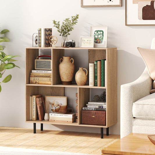 Mid Century Modern Minimalist Cube Bookshelf with 4 Compartments-Natural