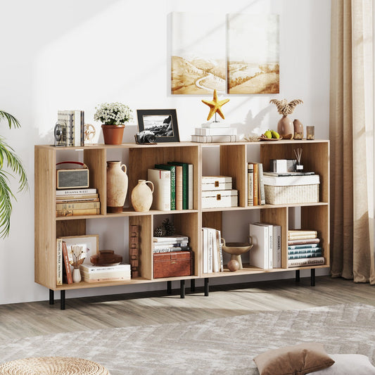 Mid Century Modern Minimalist Cube Bookshelf with 4 Compartments-Natural