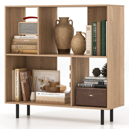 Mid Century Modern Minimalist Cube Bookshelf with 4 Compartments-Natural