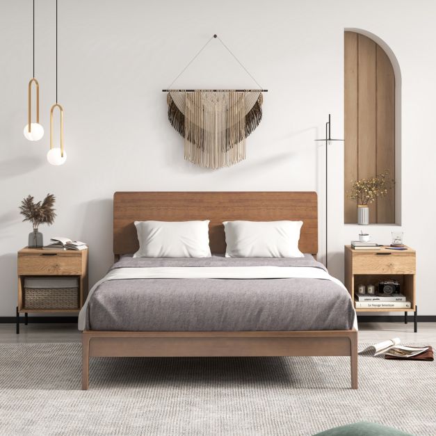 Mid Century Modern Nightstand with Charging Station and Open Compartment-Natural