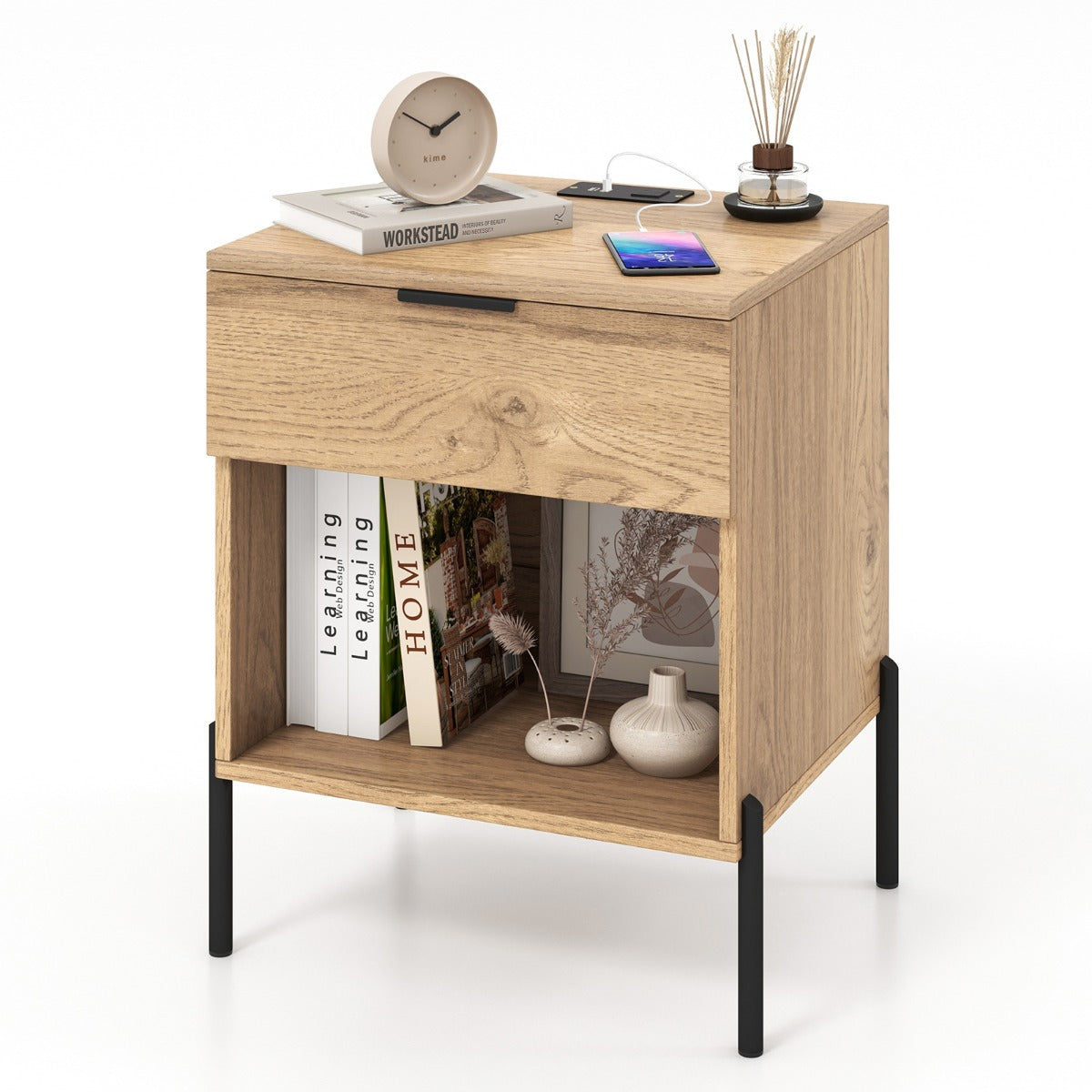 Mid Century Modern Nightstand with Charging Station and Open Compartment-Natural