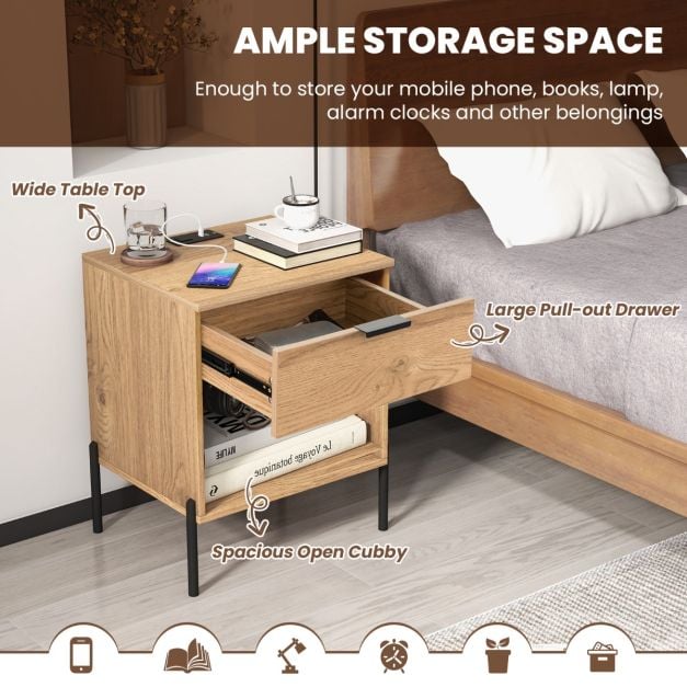 Mid Century Modern Nightstand with Charging Station and Open Compartment-Natural