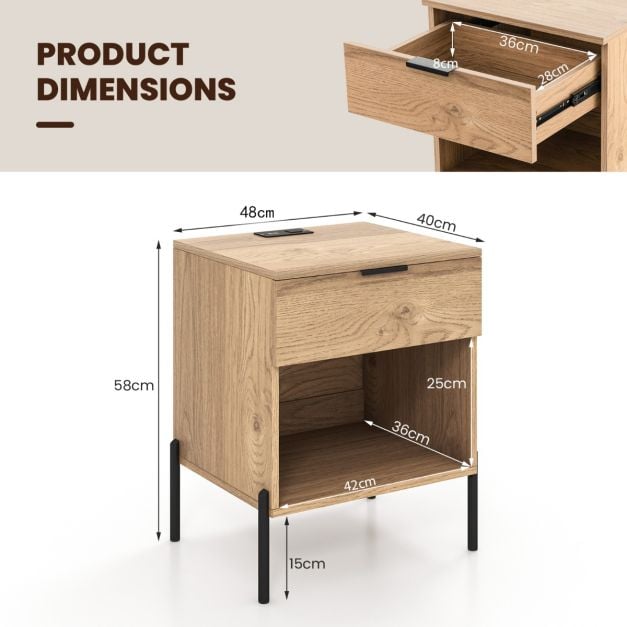 Mid Century Modern Nightstand with Charging Station and Open Compartment-Natural