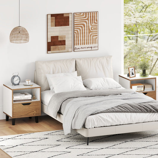 Mid Century Modern Nightstand Set of 2 with Drawer and Open storage Shelf-White