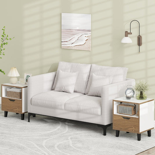 Mid Century Modern Nightstand Set of 2 with Drawer and Open storage Shelf-White