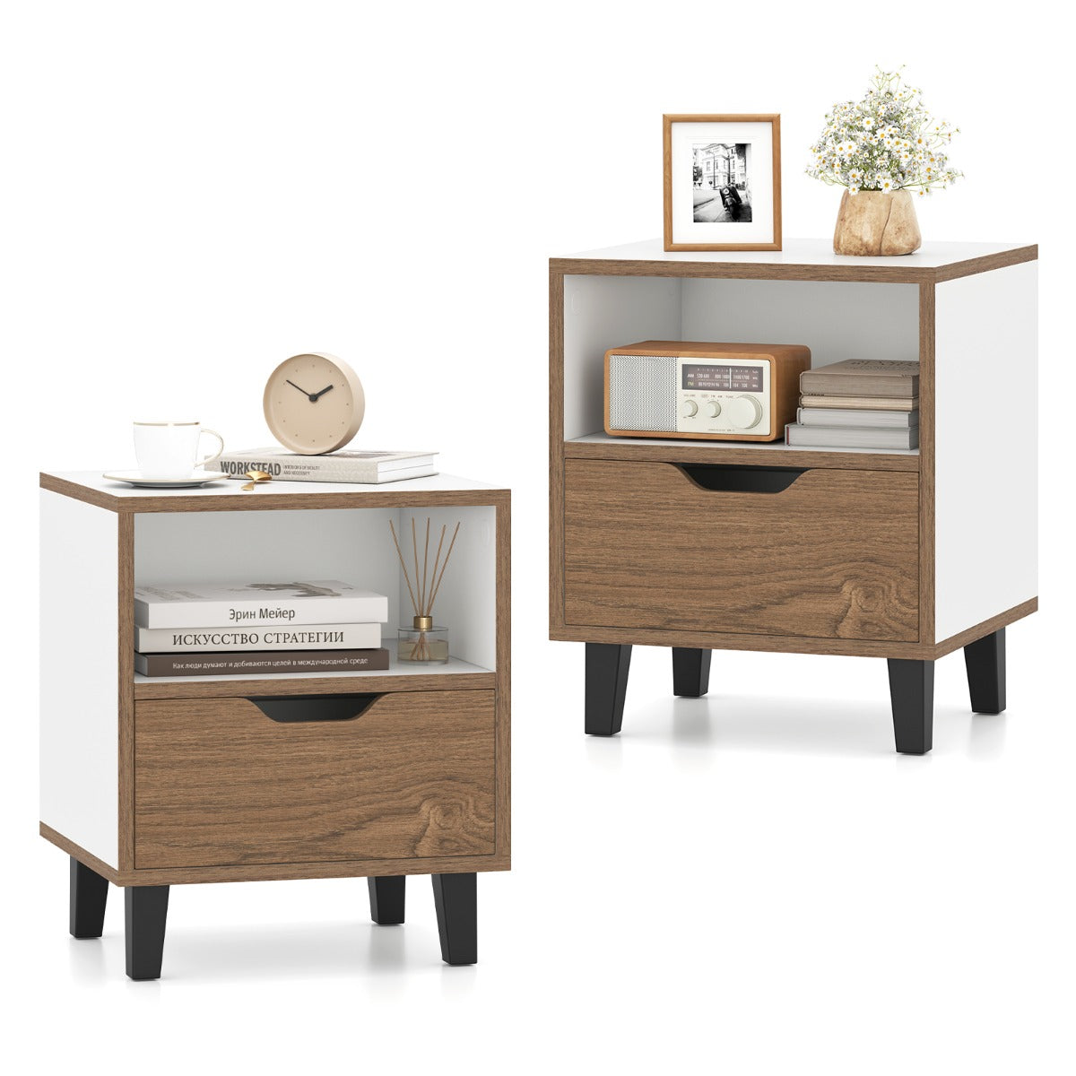 Mid Century Modern Nightstand Set of 2 with Drawer and Open storage Shelf-White
