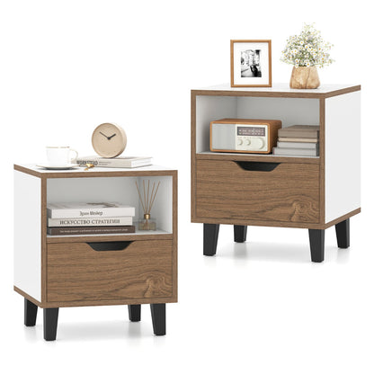 Mid Century Modern Nightstand Set of 2 with Drawer and Open storage Shelf-White