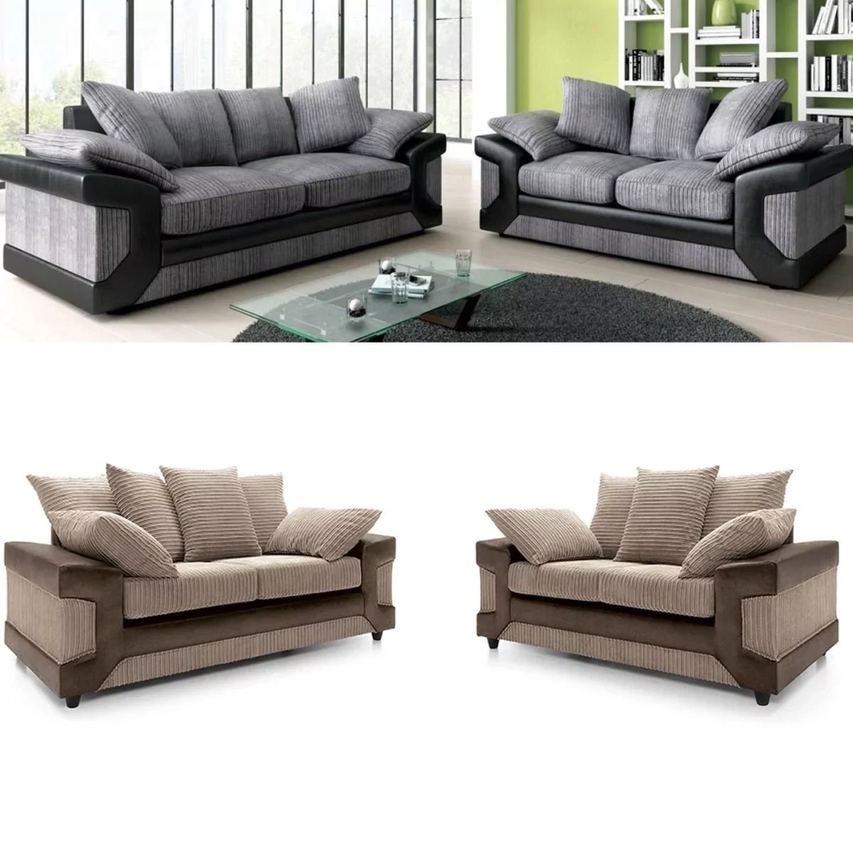 Swansea Jumbo Cord 3 Seater and 2 Seater Sofa Set - Brown and Beige