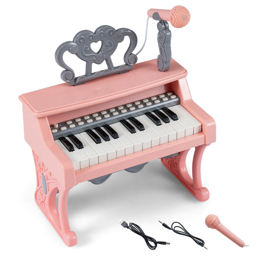 Mini Keyboard Piano for Kids 25 Keys Electric Piano with Music Stand and Microphone-Pink