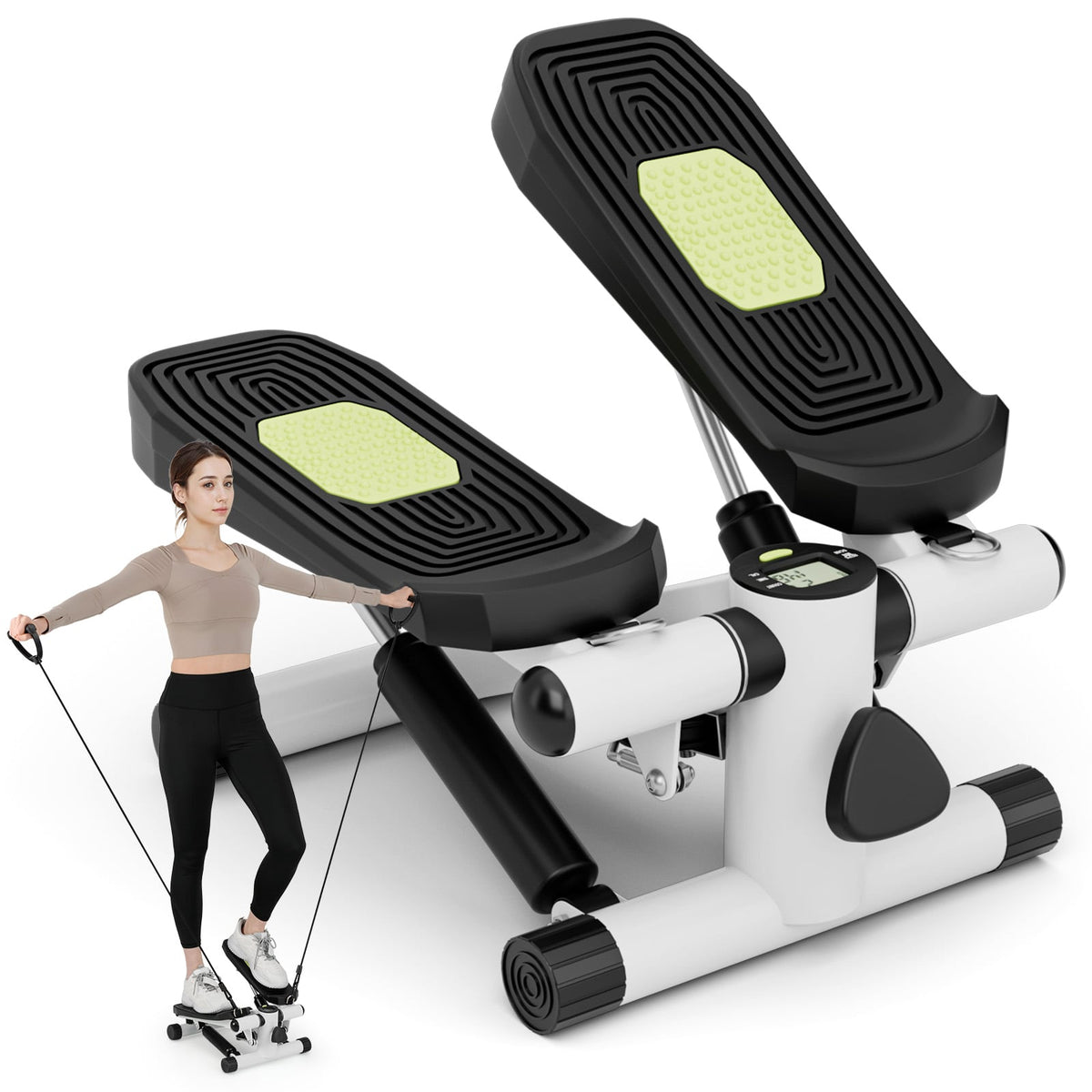 Mini Stepper for Workout Portable Hydraulic Stepper with Resistance Bands-White