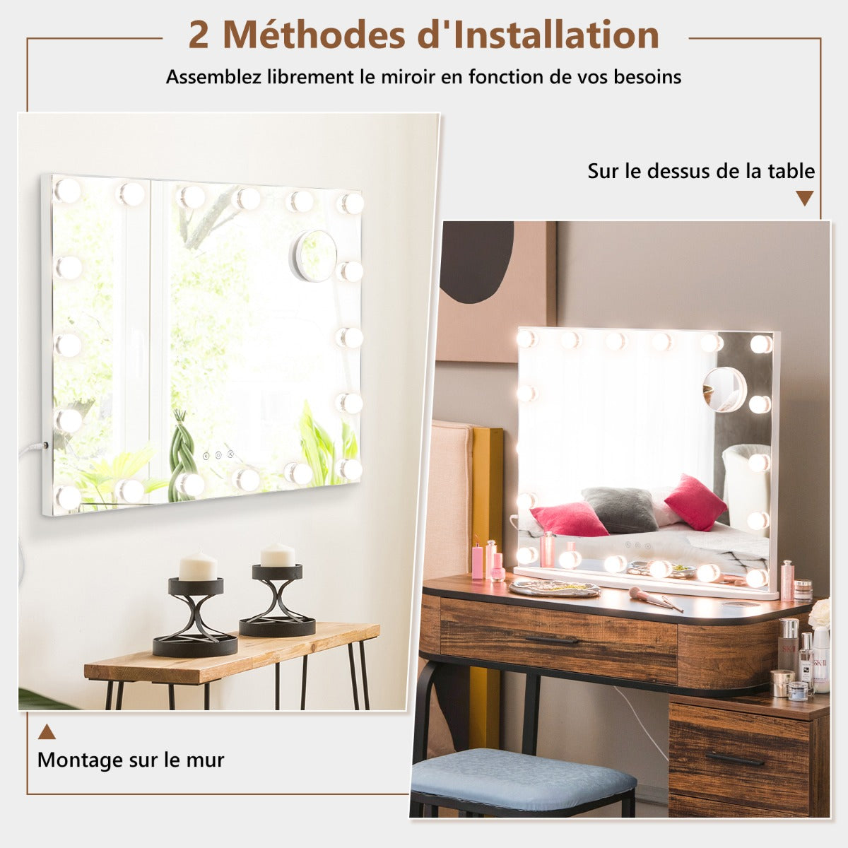 Hollywood Makeup Mirror-18 LED Bulbs Touch Control 3x Magnification Cool/Warm/Neutral White Lighting