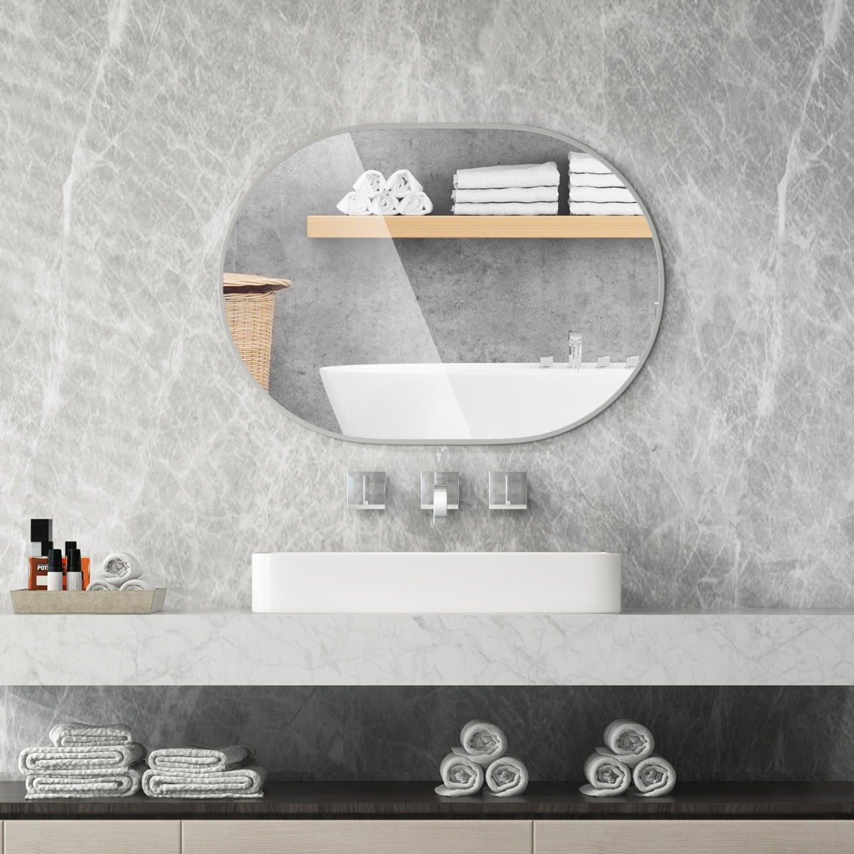 Runway Oval Bathroom Mirror with Shatter-Proof Film and Expansion Screws