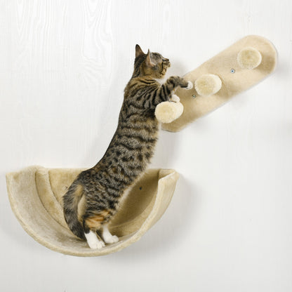 PawHut 4PCs Wall-Mounted Cat Shelves w/ Scratching Post, Hammock, Nest - Beige