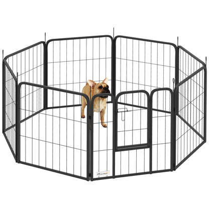 PawHut Eight-Panel Dog Playpen with Door, for Large Dogs, Indoors, Outdoors, 60cm Tall, Black