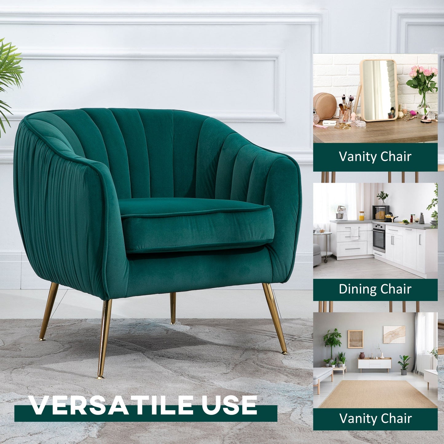 Retro Style Velvet-Feel Tub Armchair, with Gold Tone Legs - Green