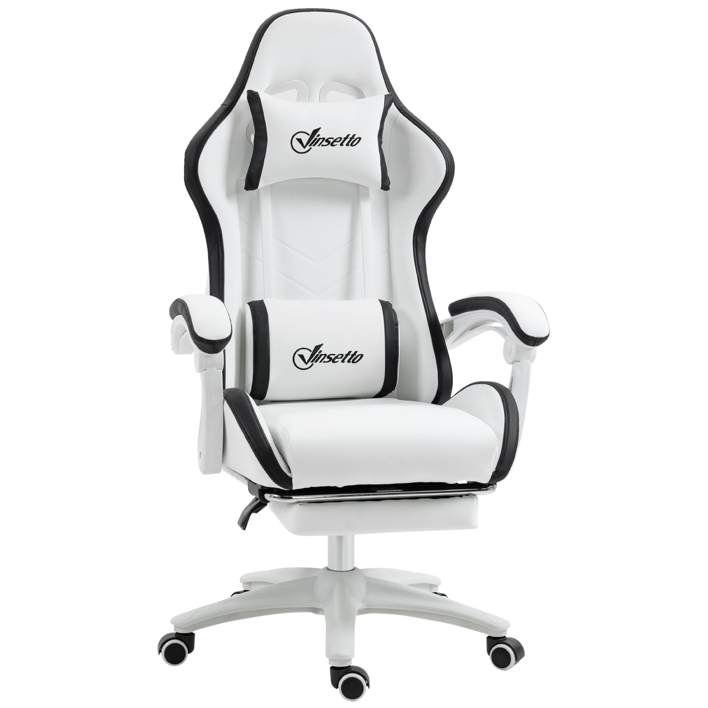 Vinsetto Computer Gaming Chair, PU Leather Office Desk Chair with Footrest, Swivel Wheels, 135 Reclining Back, Lumbar Support, Headrest for Home, White and Black