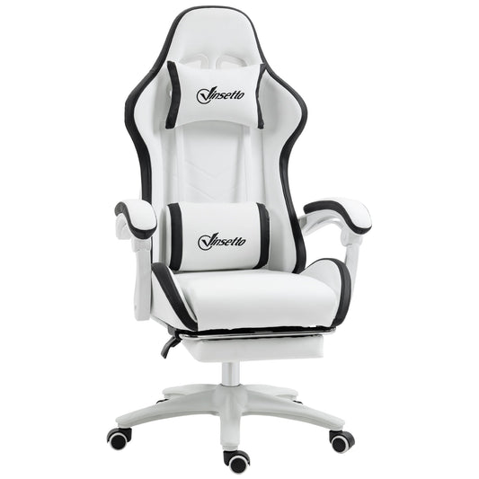 Vinsetto Computer Gaming Chair, PU Leather Office Desk Chair with Footrest, Swivel Wheels, 135 Reclining Back, Lumbar Support, Headrest for Home, White and Black