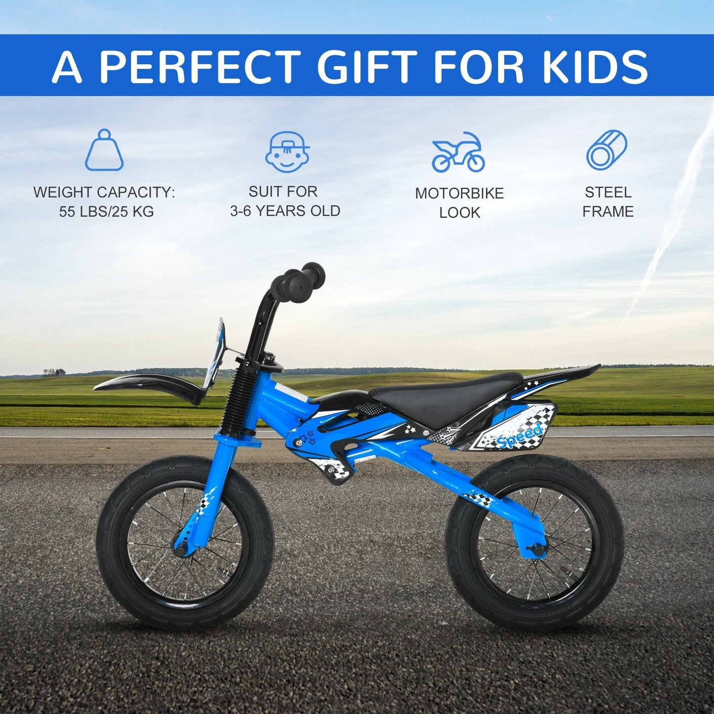 12" Kids Balance Bike, No Pedal Training Bicycle, Motorbike Look, Steel Frame with Air Filled Tires, Handlebar, PU Seat for 3-6 Years Old, Blue