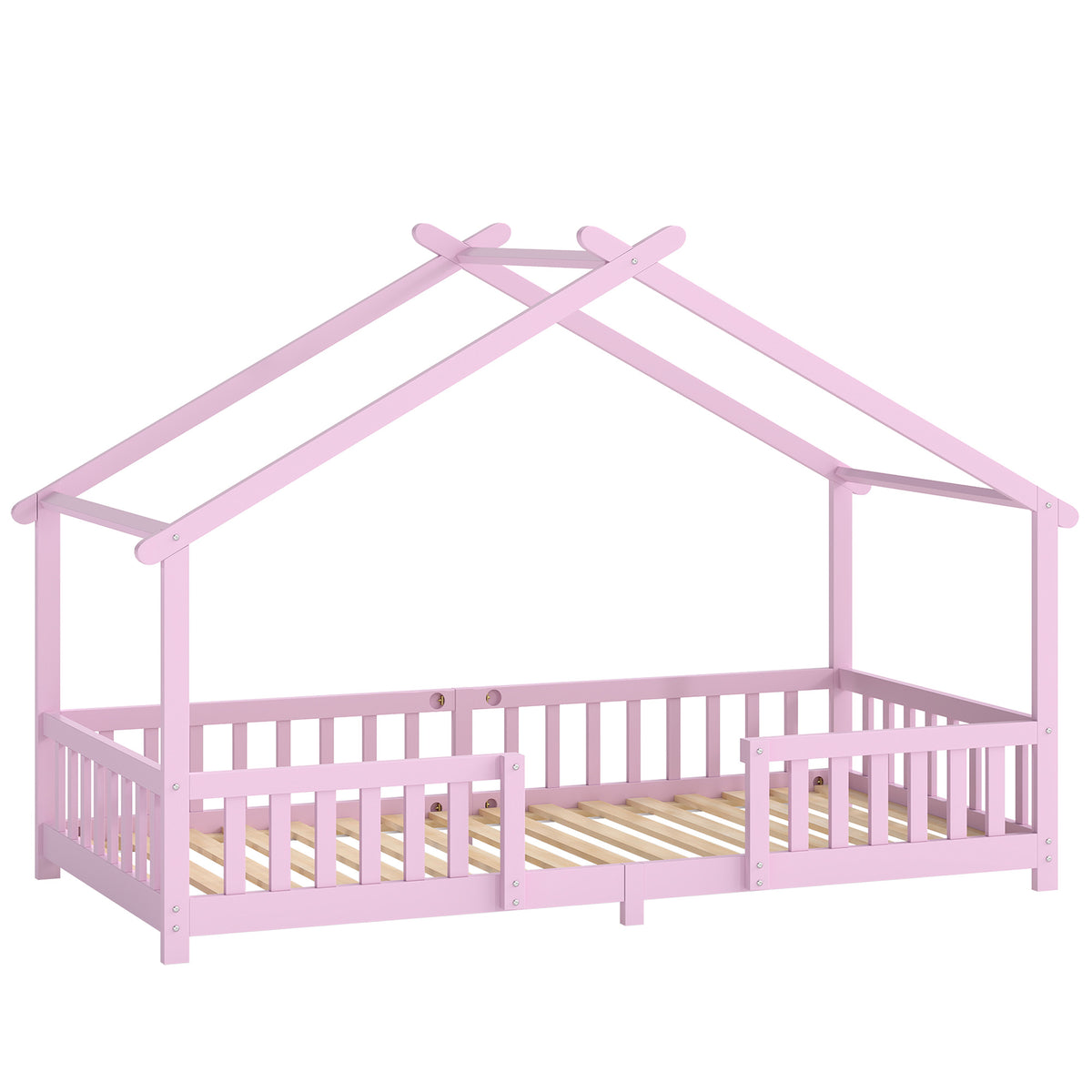 AIYAPLAY Wooden Kids House Single Bed Frame, Solid Pine Wood Toddler Bed with Dual Guardrails for Children, Boys, Girls, Pink