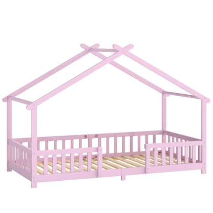 AIYAPLAY Wooden Kids House Single Bed Frame, Solid Pine Wood Toddler Bed with Dual Guardrails for Children, Boys, Girls, Pink
