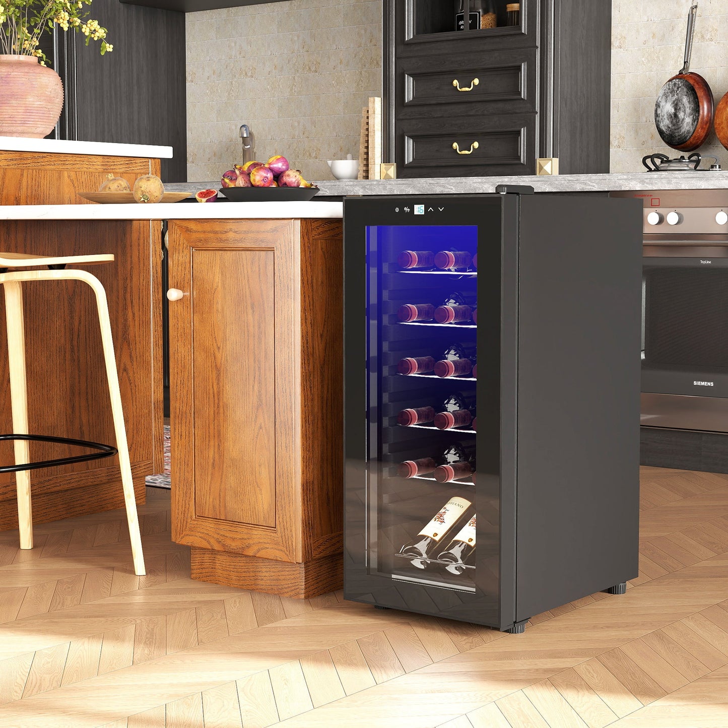 HOMCOM 50L chłodziarka do wina, 18 butelek, 5-18√Ç¬∞ wolnostojąca lodówka do wina ze szklanymi drzwiami, oświetleniem LED, kontrolą temperatury i cyfrowym ekranem dotykowym, czarna