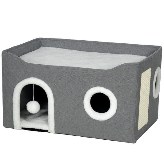 PawHut Cat Bed for Indoor Pets, Foldable Cat House with Fluffy Ball and Scratch Pad for Small and Medium Pets, Grey