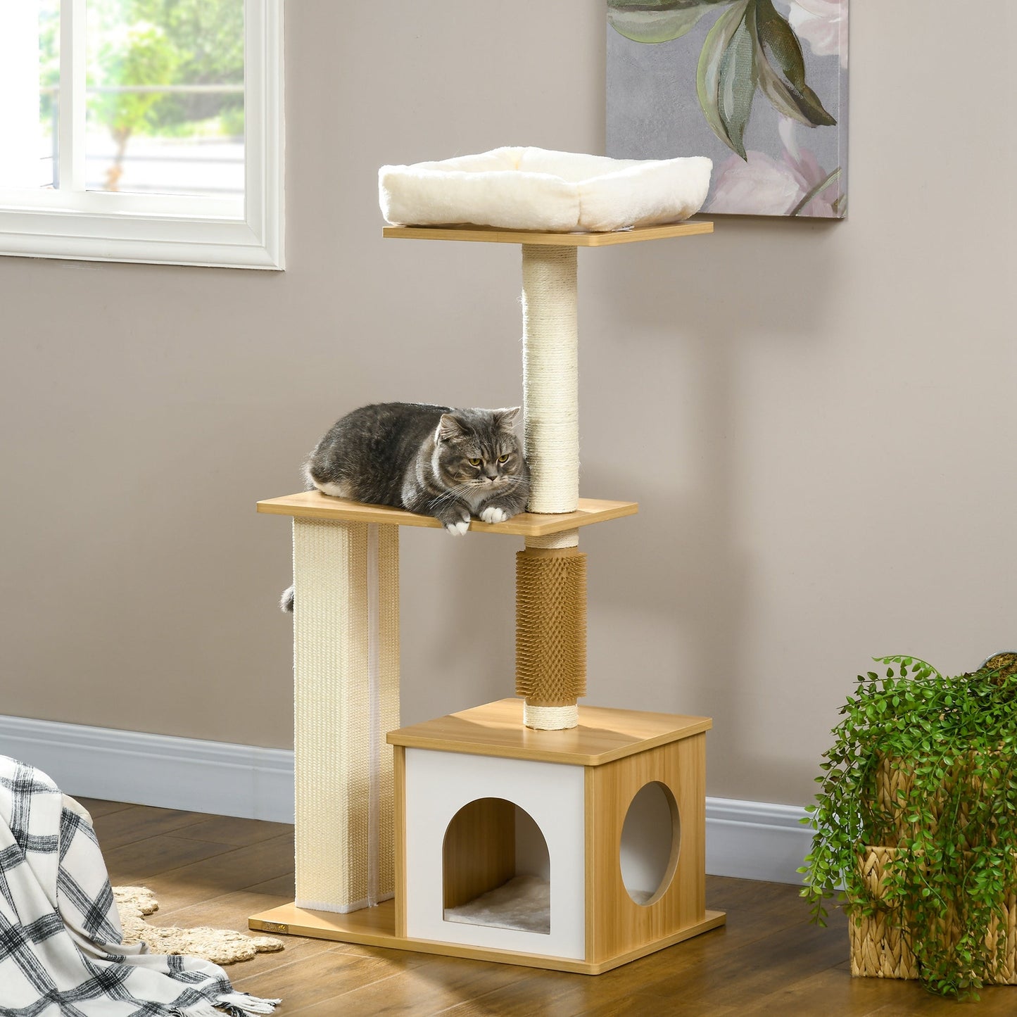 PawHut Cat Tree with Scratching Posts, Cat House, Cat Bed, Perches, 59.5 x 39.5 x 114cm - Oak Tone