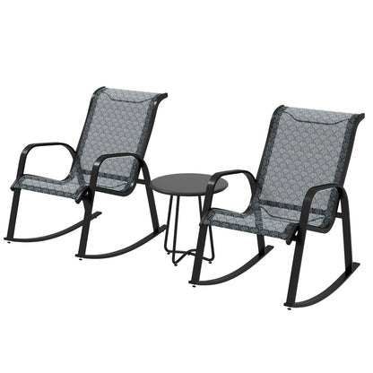 3 Piece Outdoor Rocking Set With 2 Armchairs, Metal Top Coffee Table, Patio Bistro Set With Curved Armrests, Breathable Mesh Fabric Seat - Mixed Grey