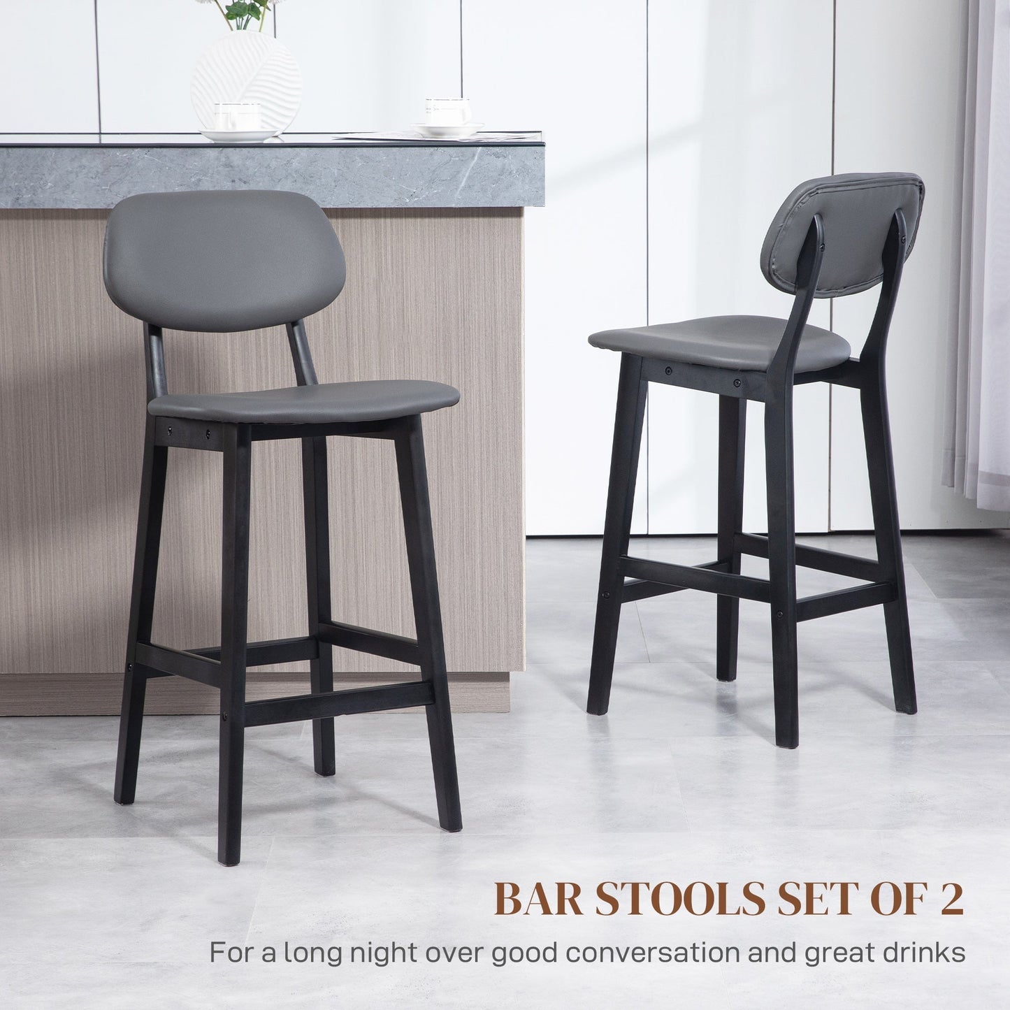 HOMCOM Bar Stools Set of 2, Breakfast Bar Chairs, PU Leather Upholstered Kitchen Stools with Backs, Footrests and Solid Wood Legs, Dark Grey