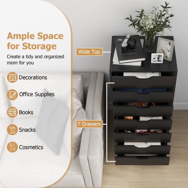Mobile File Cabinet on Wheels with 7 Drawers-Black