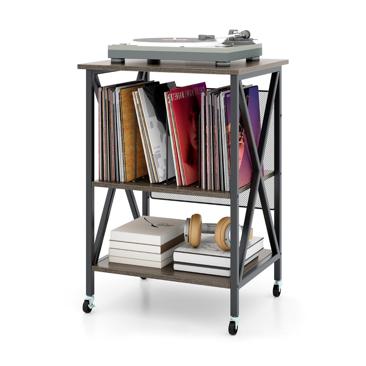 Mobile Record Player Stand with Vinyl Storage Shelves and Dividers-Grey