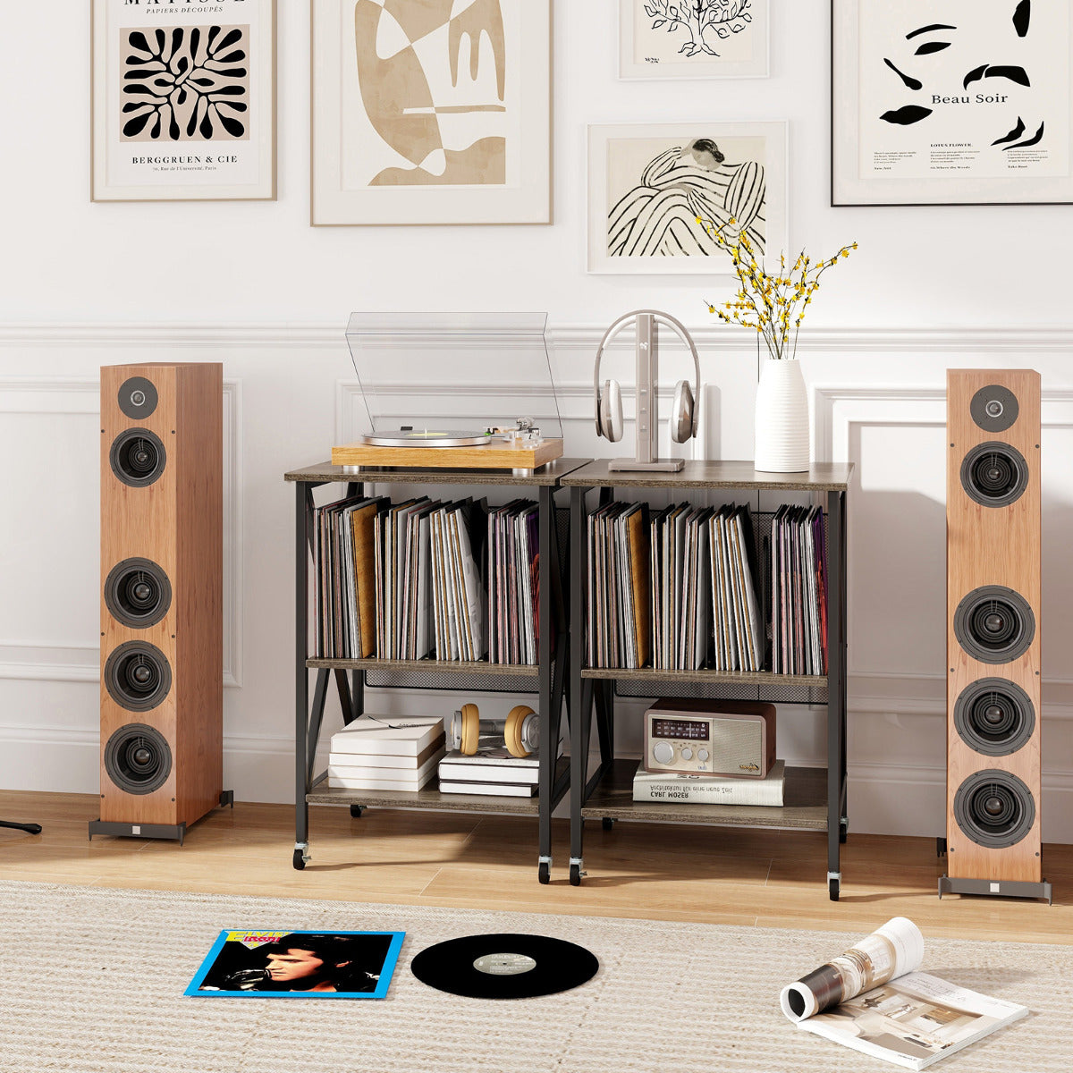 Mobile Record Player Stand with Vinyl Storage Shelves and Dividers-Grey