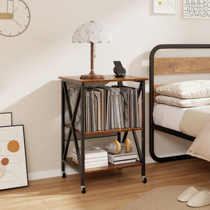 Mobile Record Player Stand with Vinyl Storage Shelves and Dividers-Rustic Brown