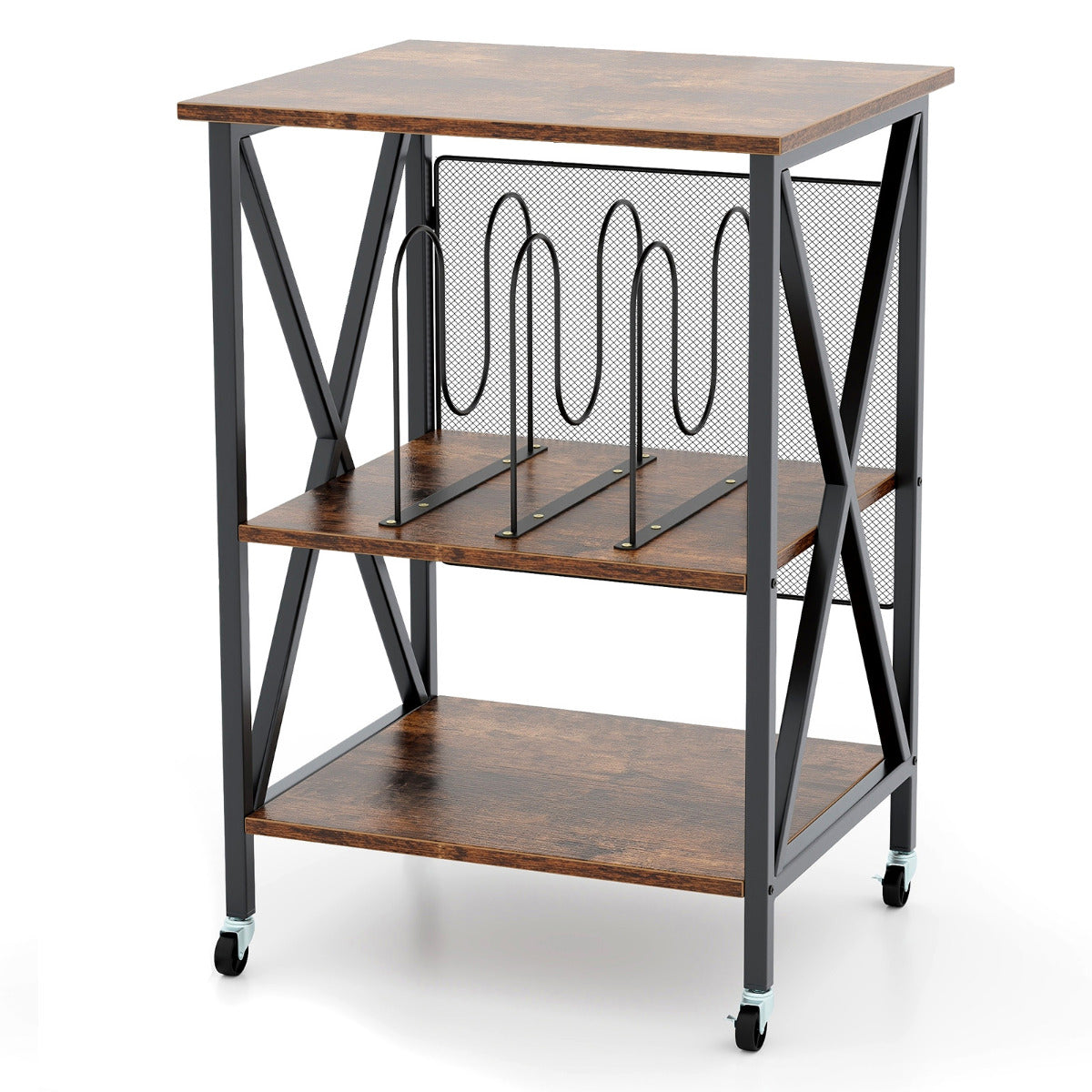 Mobile Record Player Stand with Vinyl Storage Shelves and Dividers-Rustic Brown
