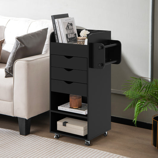 Mobile Rolling Storage Cart with 3 Drawers 2 Shelves and 2 Dowel Rods-Black