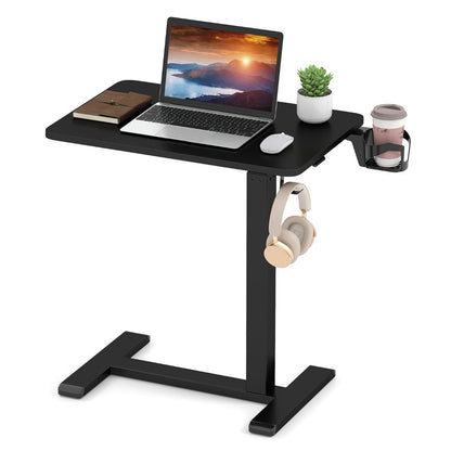 Height Adjustable Overbed Bedside Table with Cup Holder and Headphone Hook-Black