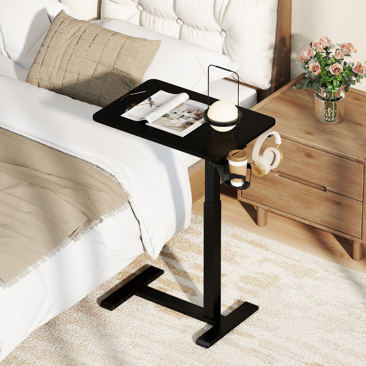 Height Adjustable Overbed Bedside Table with Cup Holder and Headphone Hook-Black