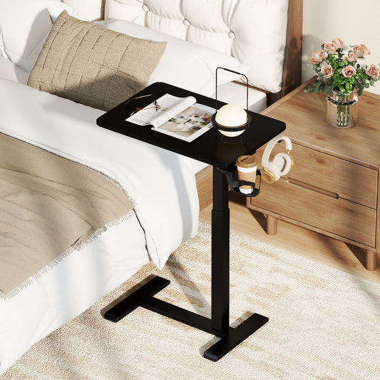 Height Adjustable Overbed Bedside Table with Cup Holder and Headphone Hook-Black