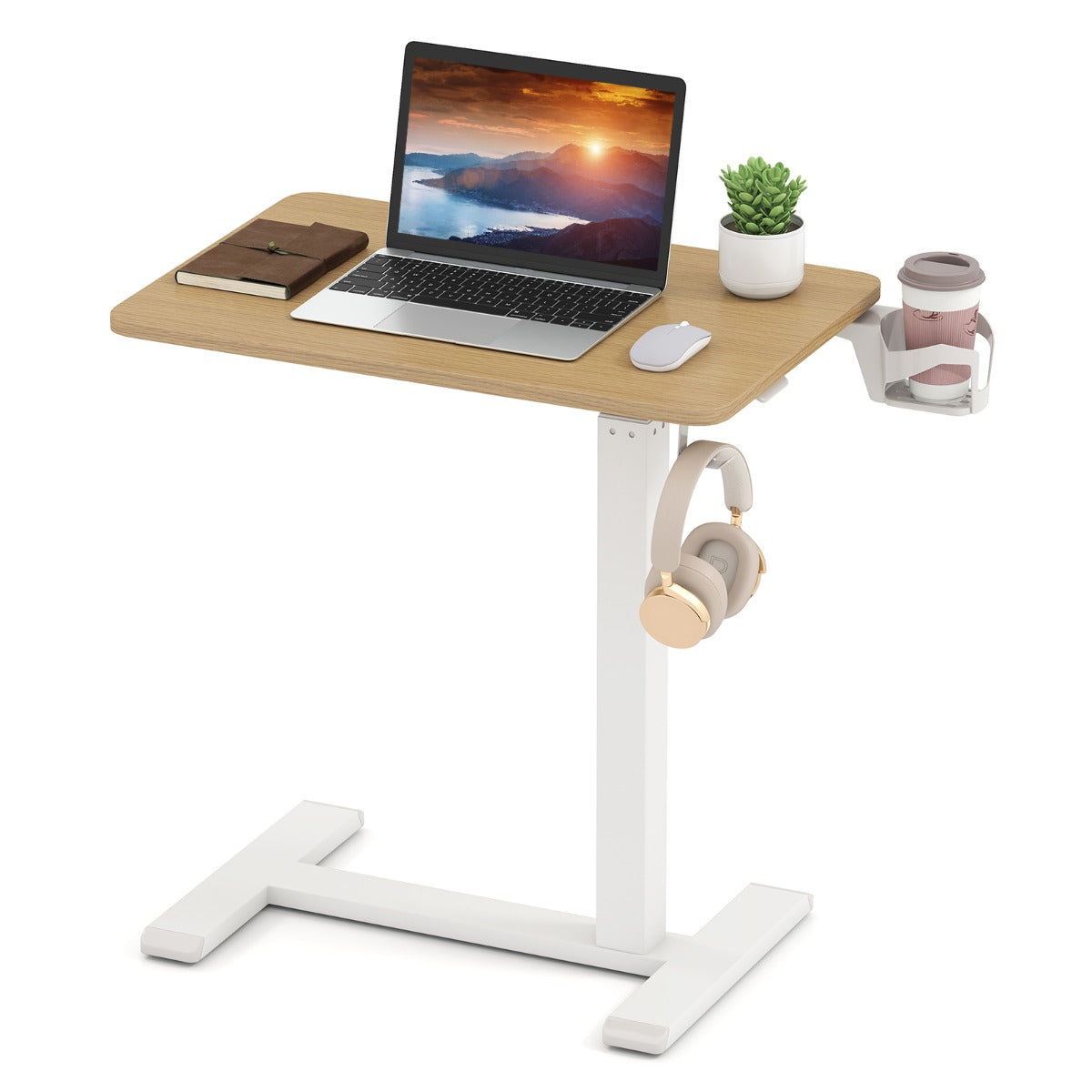 Height Adjustable Overbed Bedside Table with Cup Holder and Headphone Hook-Natural