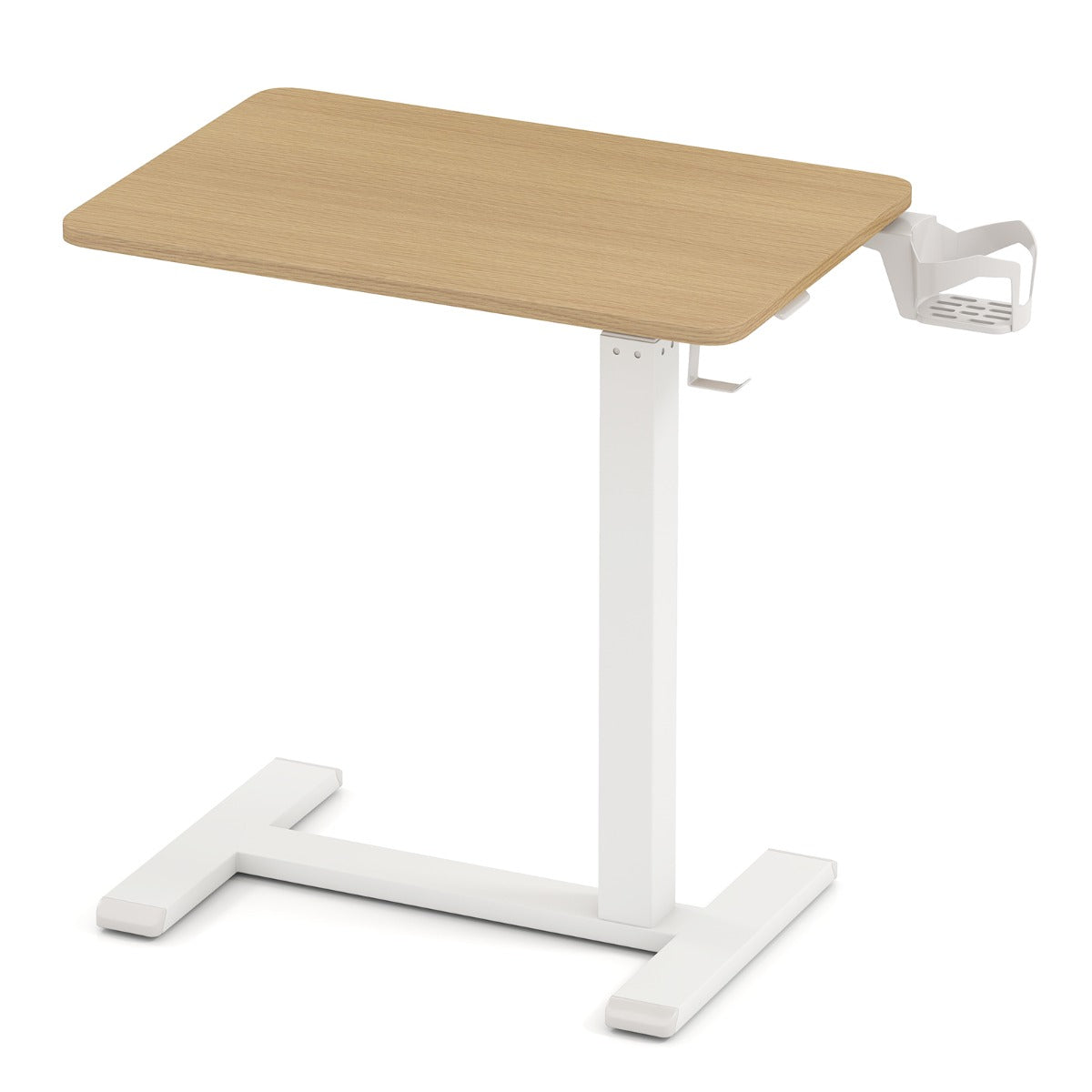 Height Adjustable Overbed Bedside Table with Cup Holder and Headphone Hook-Natural