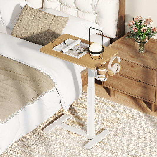 Height Adjustable Overbed Bedside Table with Cup Holder and Headphone Hook-Natural
