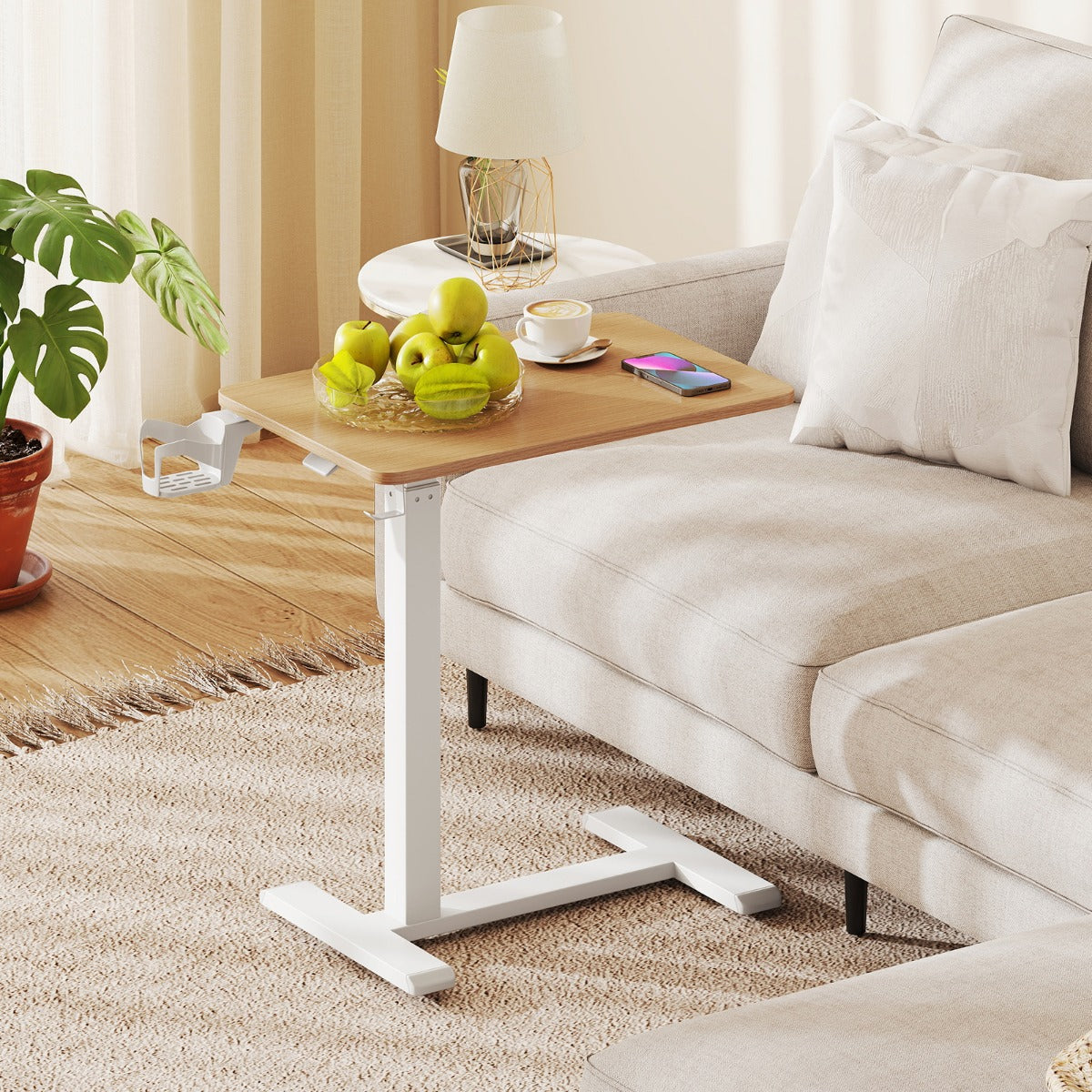 Height Adjustable Overbed Bedside Table with Cup Holder and Headphone Hook-Natural