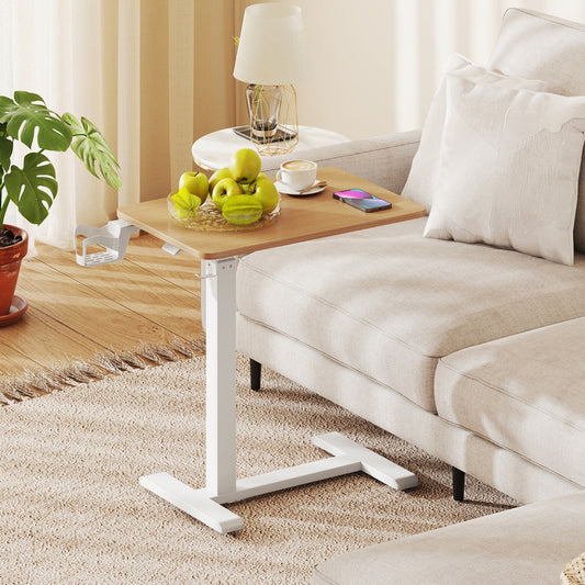 Height Adjustable Overbed Bedside Table with Cup Holder and Headphone Hook-Natural