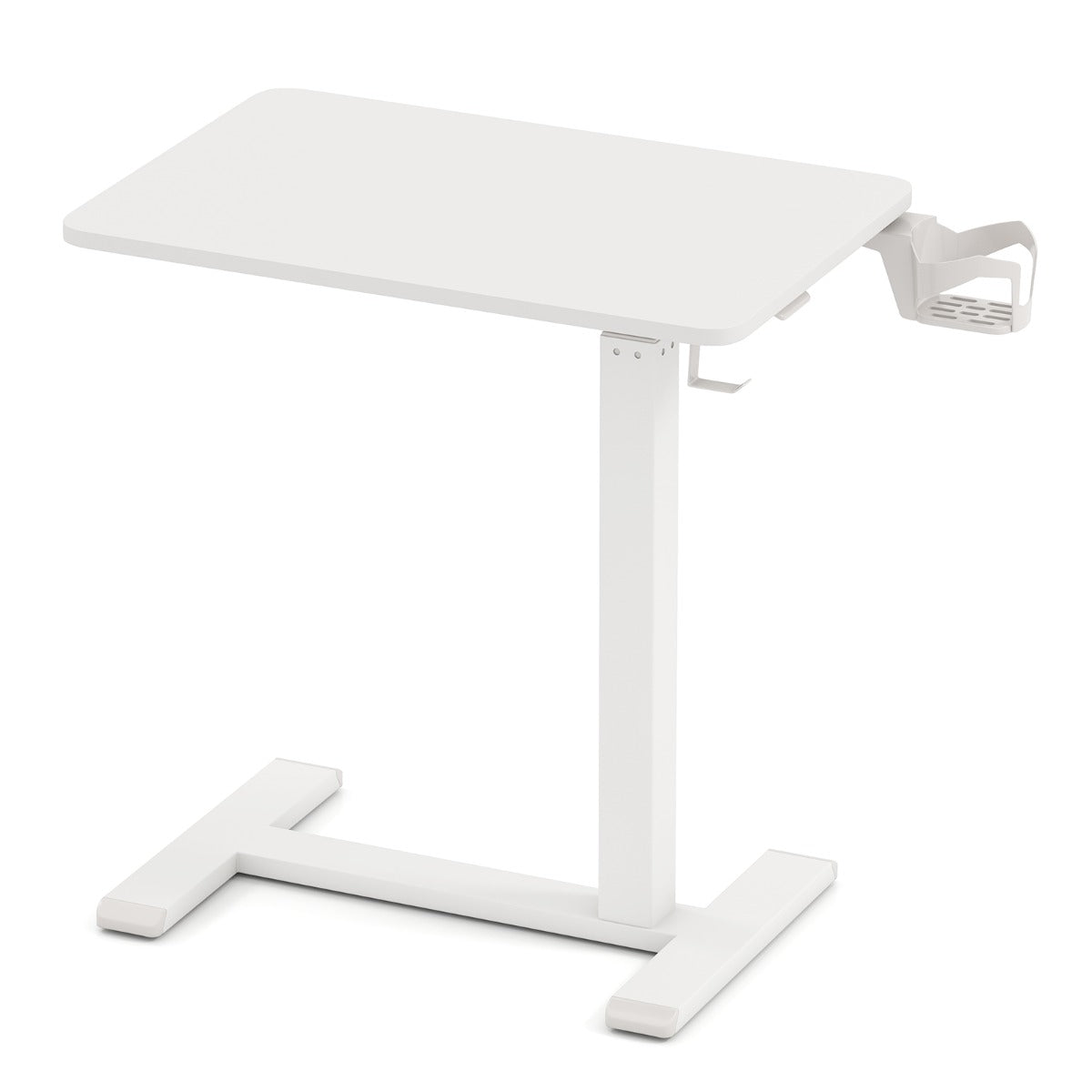 Height Adjustable Overbed Bedside Table with Cup Holder and Headphone Hook-White