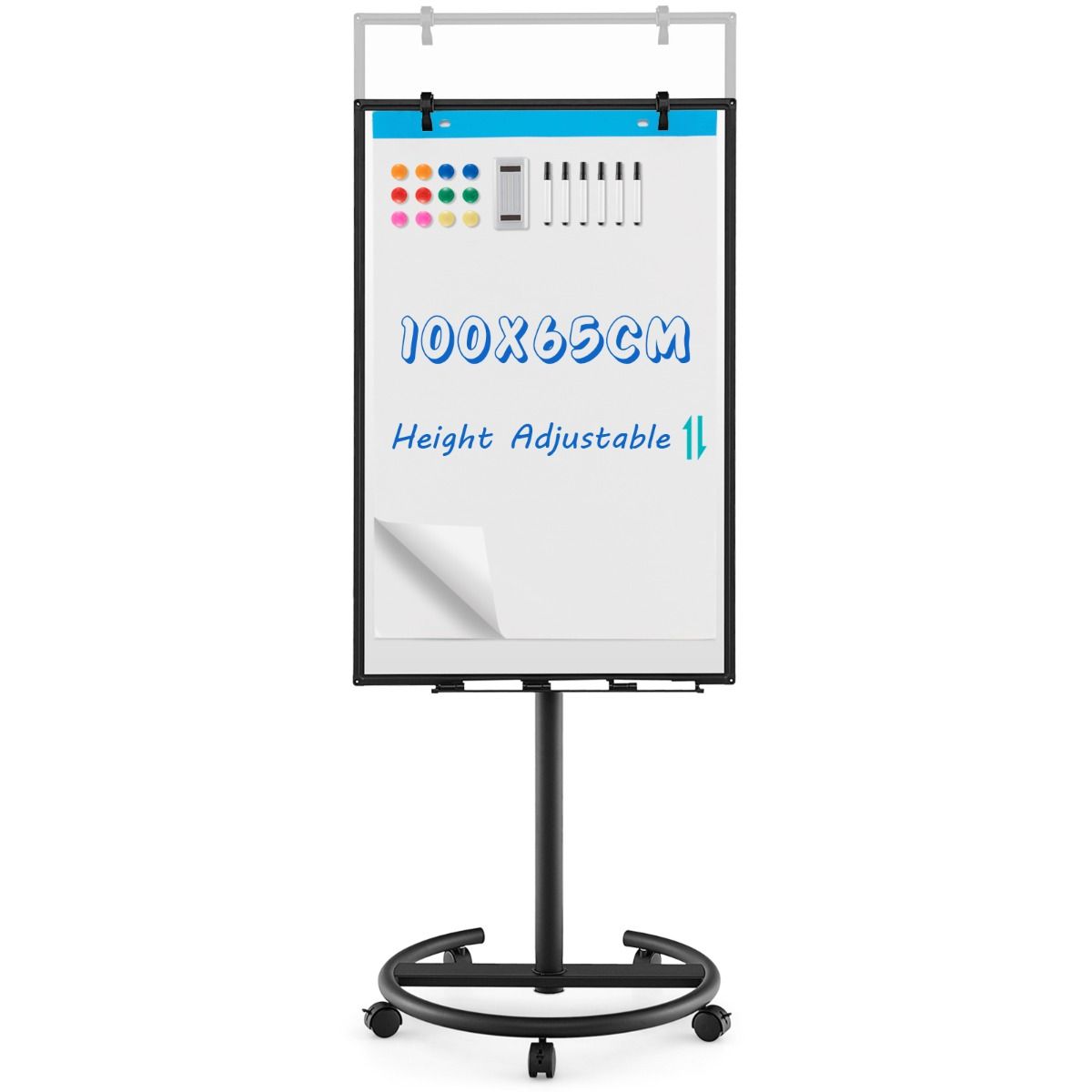 100 cm x 65 cm Height-Adjustable Magnetic Whiteboard on Wheels-Black